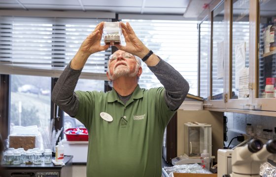 A person looking up at a plastic container of plant specimens. 